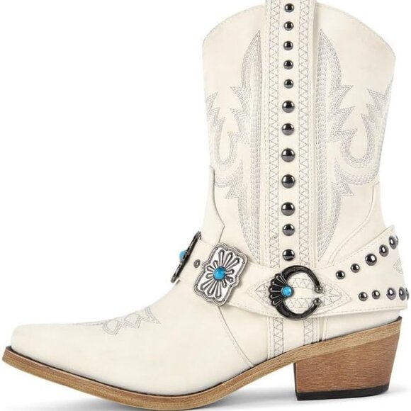 Shoes - Women's Beige Ankle High Embroidery Pointed Toe Cowgirl Boots Rodeo Country